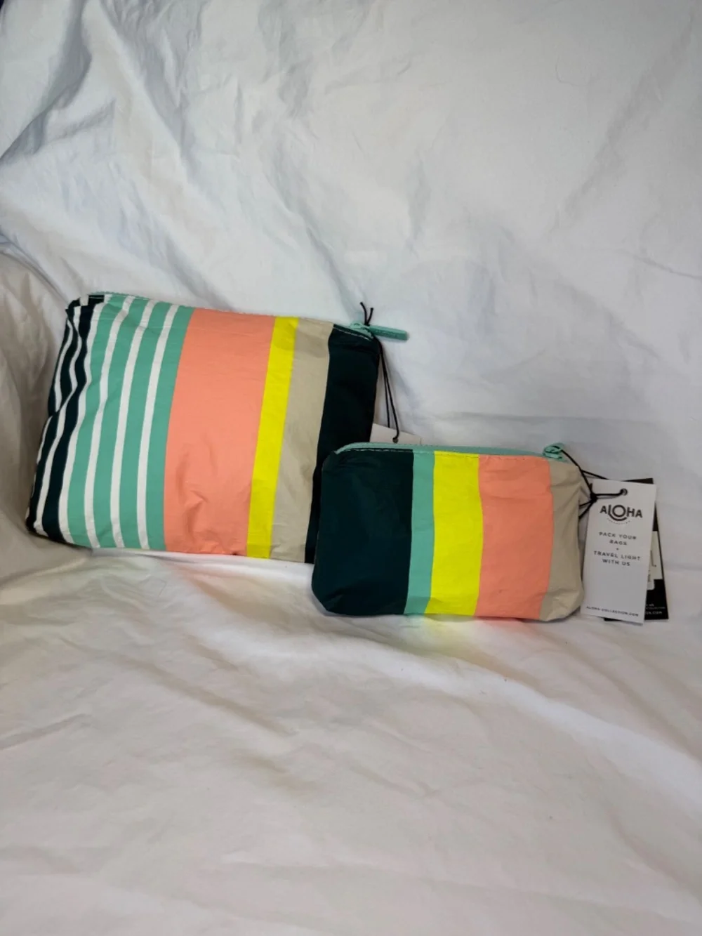 ALOHA Collection Playa Stripes Dark Teal Small + Mini Pouch Set NWT Discontinued